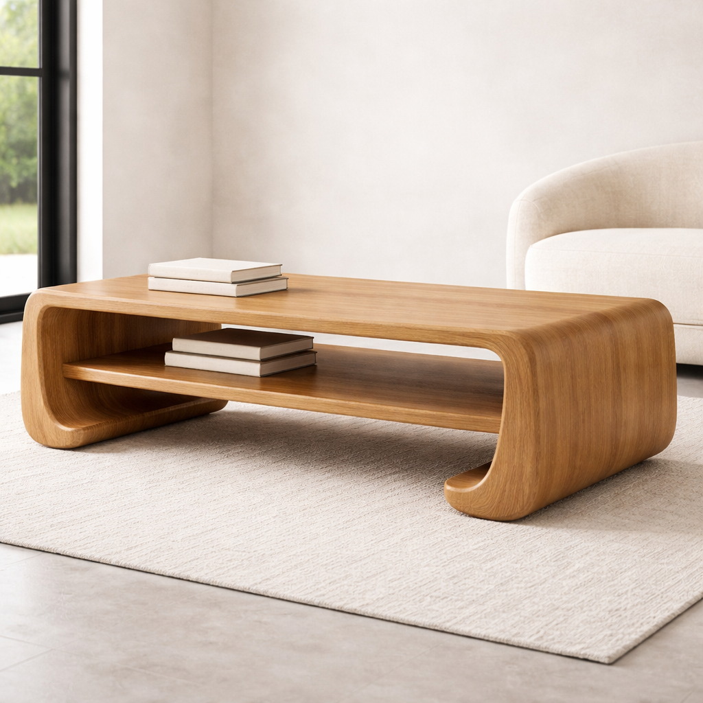 Handcrafted Solid Wood Sculptural Coffee Table with Open Shelf - view 4 of 9