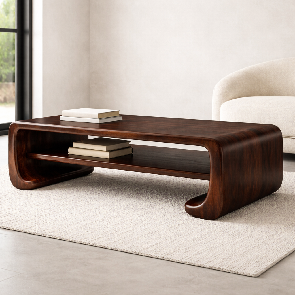 Handcrafted Solid Wood Sculptural Coffee Table with Open Shelf - view 3 of 9