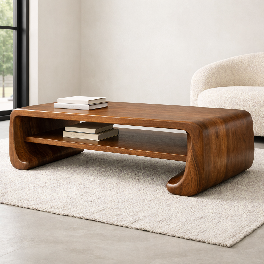 Handcrafted Solid Wood Sculptural Coffee Table with Open Shelf - view 1 of 9