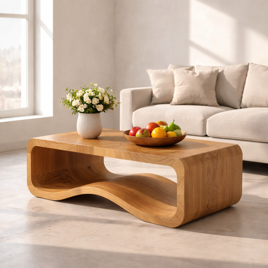 Solid Wood Sculptural Coffee Table with Open Curved Shelf - view 4 of 9