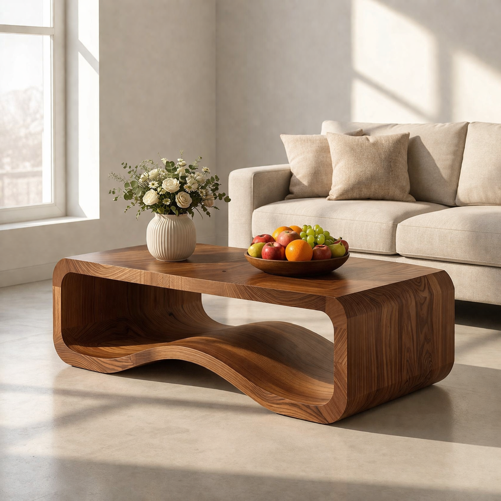 Solid Wood Sculptural Coffee Table with Open Curved Shelf - view 3 of 9