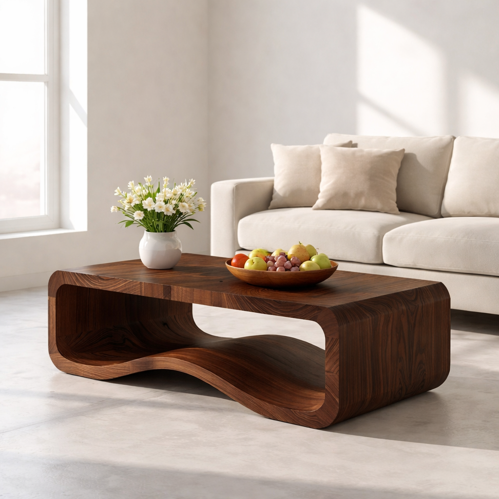 Solid Wood Sculptural Coffee Table with Open Curved Shelf - view 1 of 9