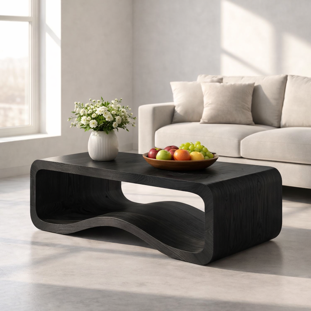Solid Wood Sculptural Coffee Table with Open Curved Shelf - view 5 of 9