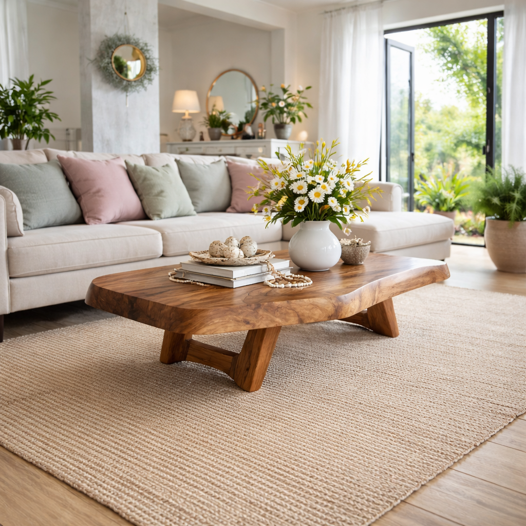 Solid Wood Coffee Table with Live Edge Top and Sculptural Base - view 1 of 9