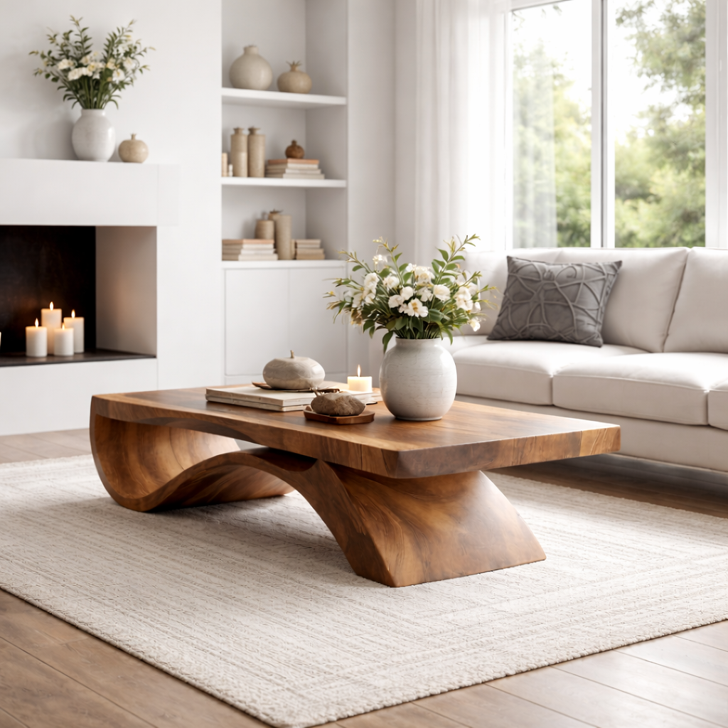 Solid Wood Coffee Table with Sculptural Base and Thick Slab Top - view 3 of 9