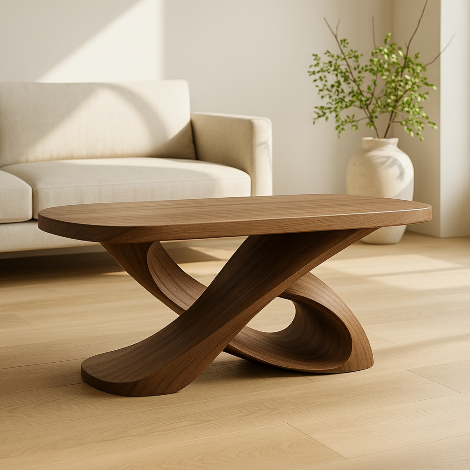 Modern Solid Wood Coffee Table with Sculptural Curved Base – Handmade Living Room Table - view 4 of 10