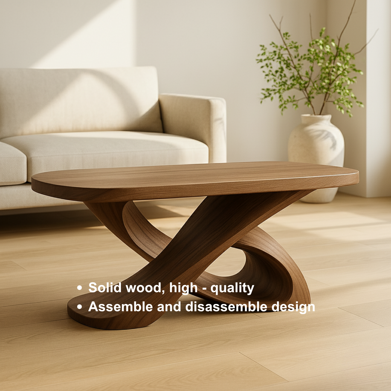 Modern Solid Wood Coffee Table with Sculptural Curved Base – Handmade Living Room Table - view 9 of 10