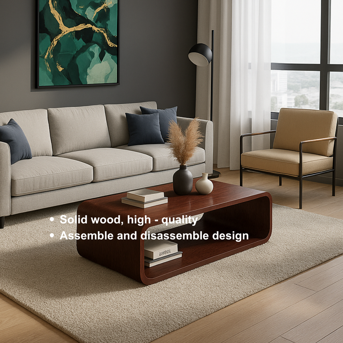 Solid Wood Coffee Table with Open Shelf – Modern Low Coffee Table for Living Room - view 9 of 10