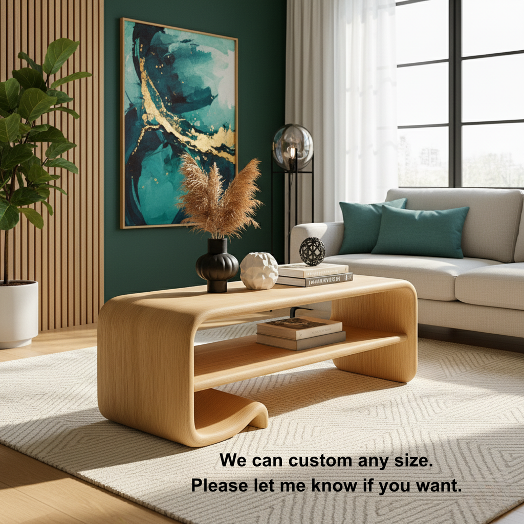 Solid Wood Coffee Table with Shelf – Modern Curved Wooden Coffee Table for Living Room - view 9 of 9