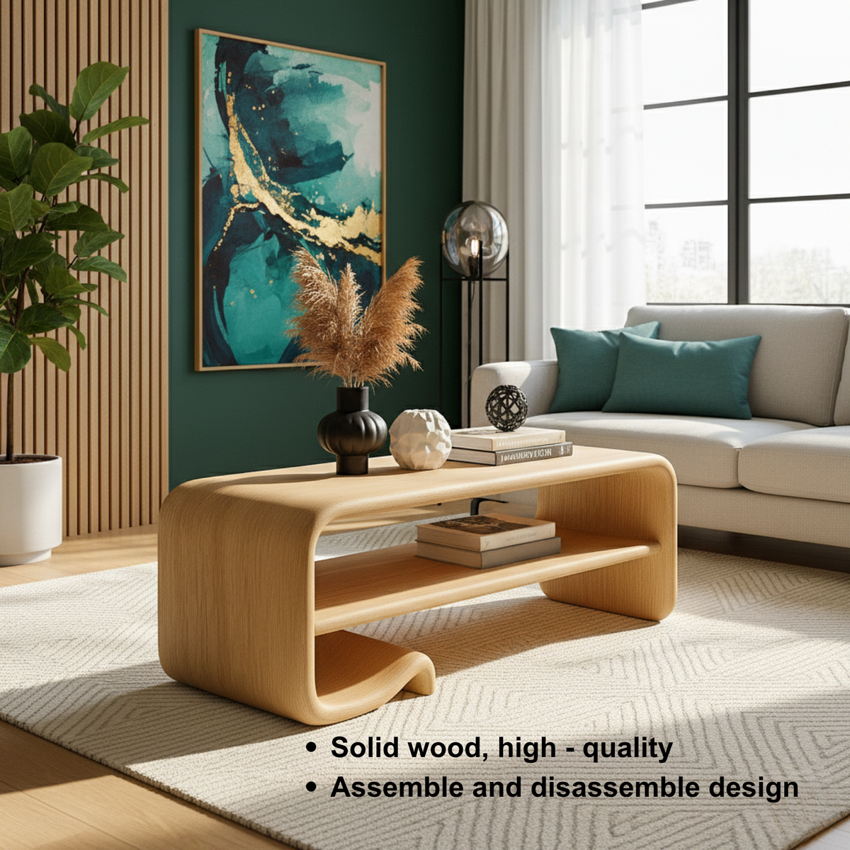 Solid Wood Coffee Table with Shelf – Modern Curved Wooden Coffee Table for Living Room - view 8 of 9