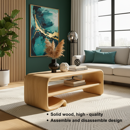 Solid Wood Coffee Table with Shelf – Modern Curved Wooden Coffee Table for Living Room - view 8 of 9