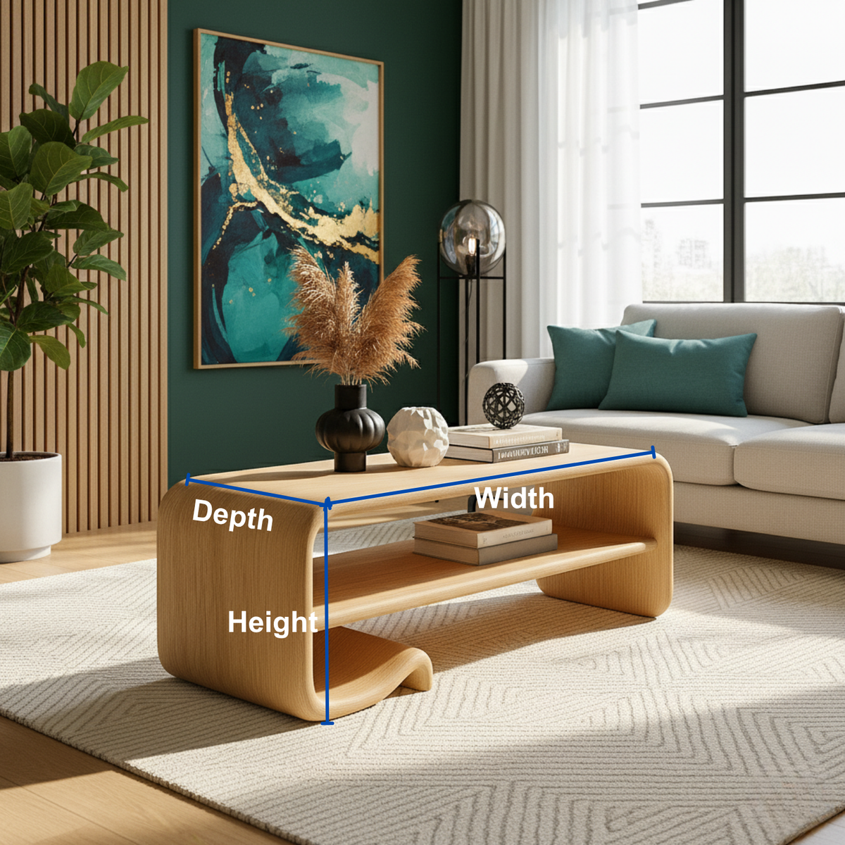 Solid Wood Coffee Table with Shelf – Modern Curved Wooden Coffee Table for Living Room - view 7 of 9