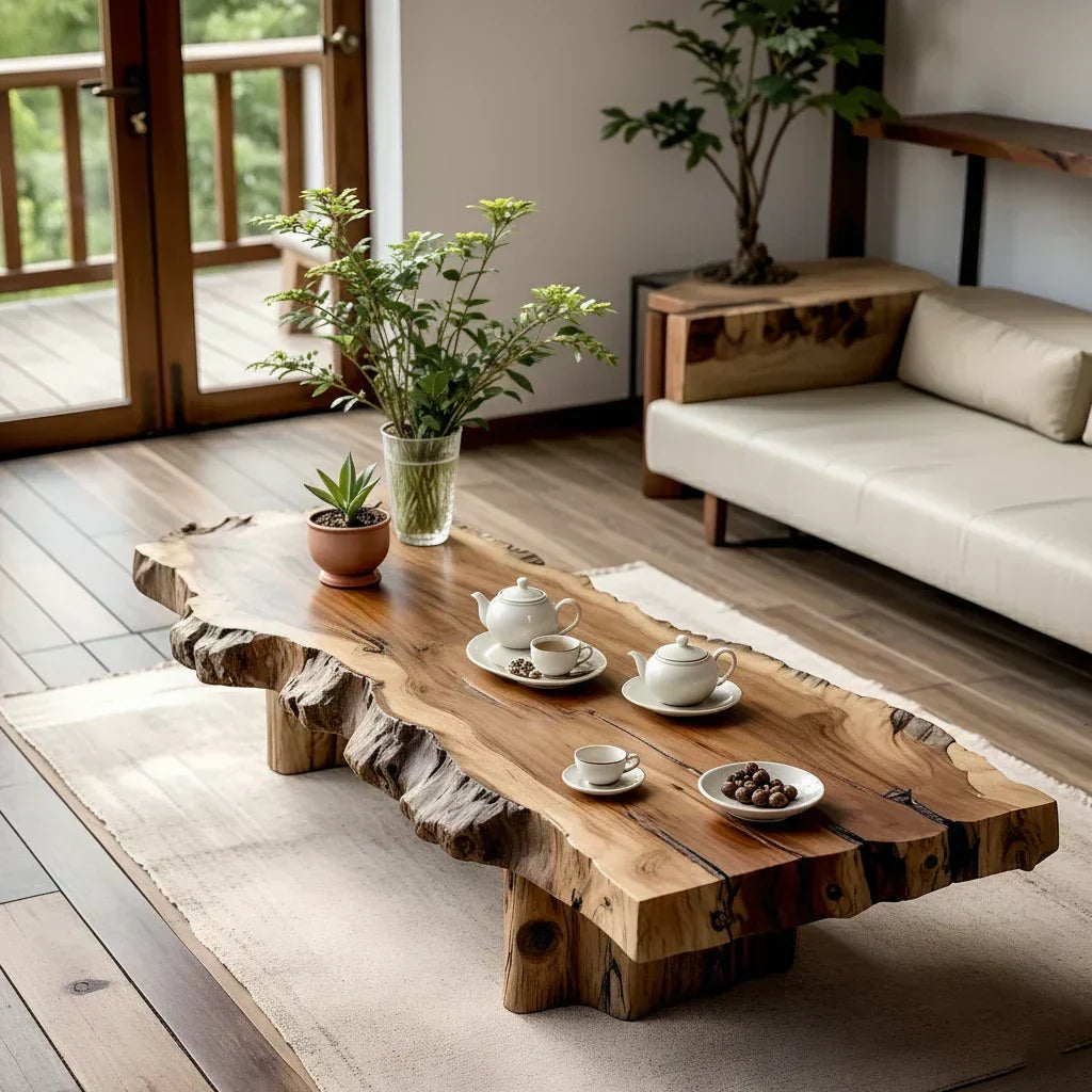 Live Edge Coffee Table in Solid Wood with Rustic Block Base - view 3 of 6