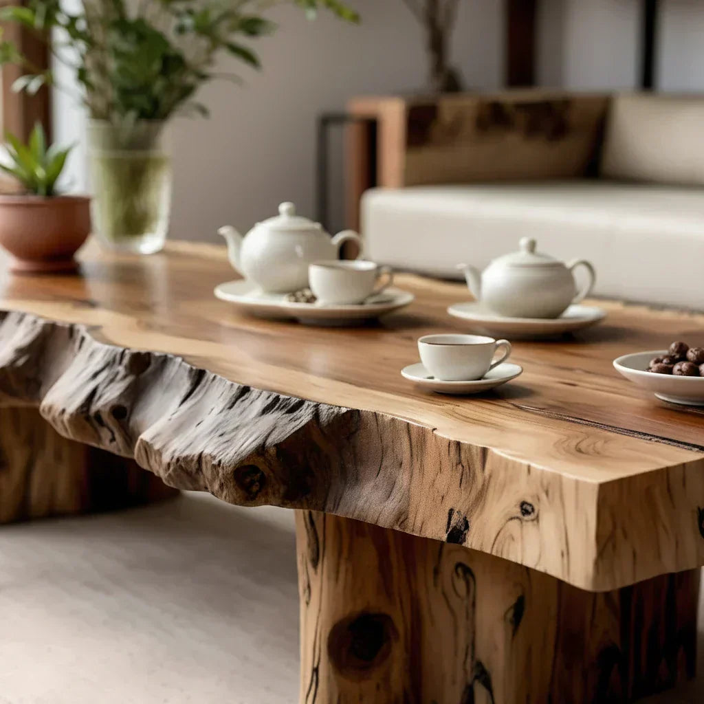 Live Edge Coffee Table in Solid Wood with Rustic Block Base - view 5 of 6