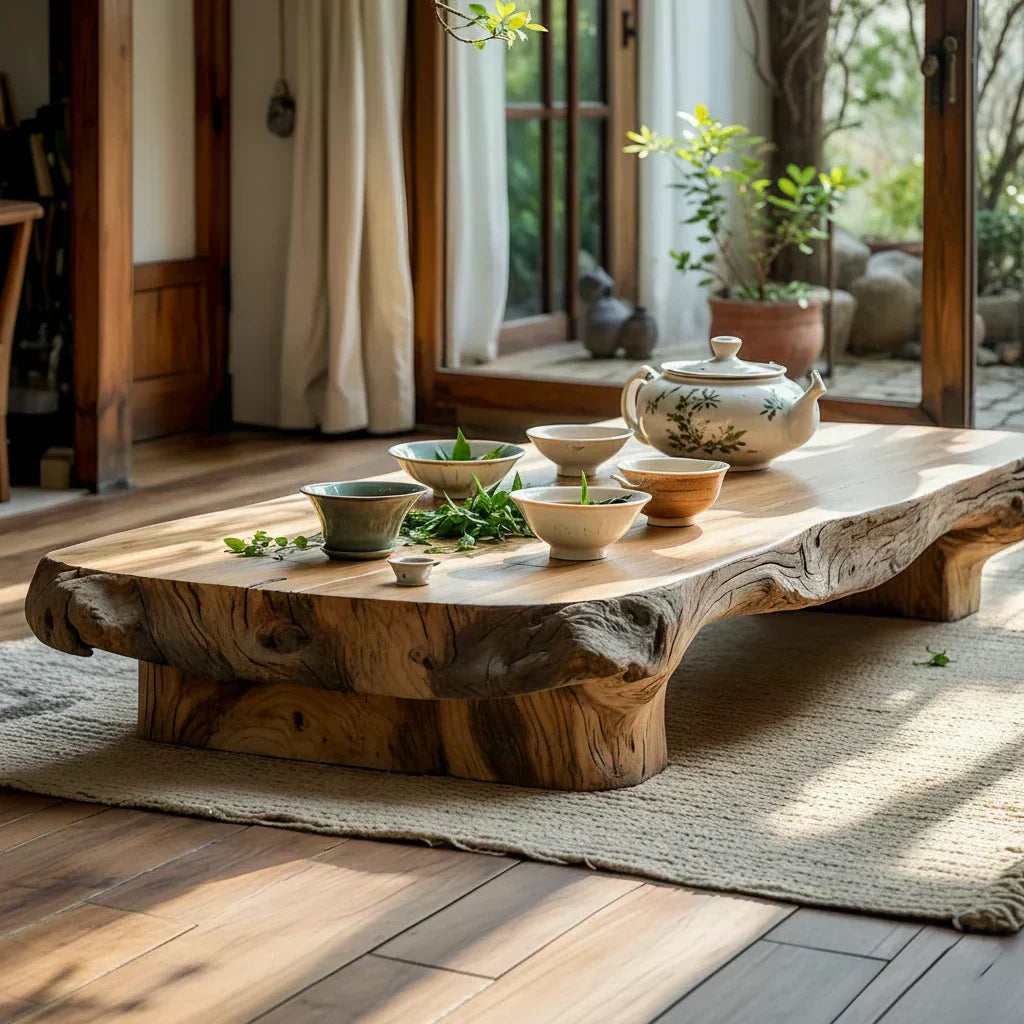 Low Solid Wood Tea Table with Natural Live Edge and Organic Base - view 5 of 7