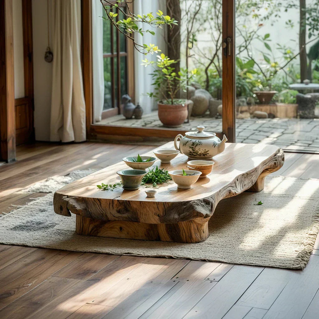 Low Solid Wood Tea Table with Natural Live Edge and Organic Base - view 3 of 7