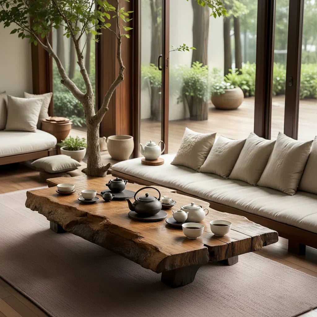 Japanese Style Solid Wood Tea Table with Live Edge Slab Top - view 3 of 5