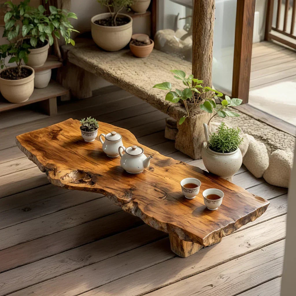 Handcrafted Solid Wood Tea Table with Live Edge and Rustic Block Base - view 4 of 7