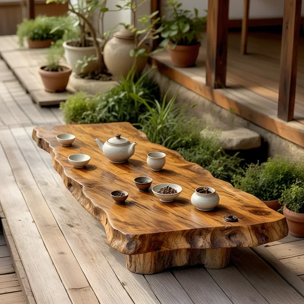 Low Profile Solid Wood Coffee Table with Live Edge and Rustic Base - view 4 of 7