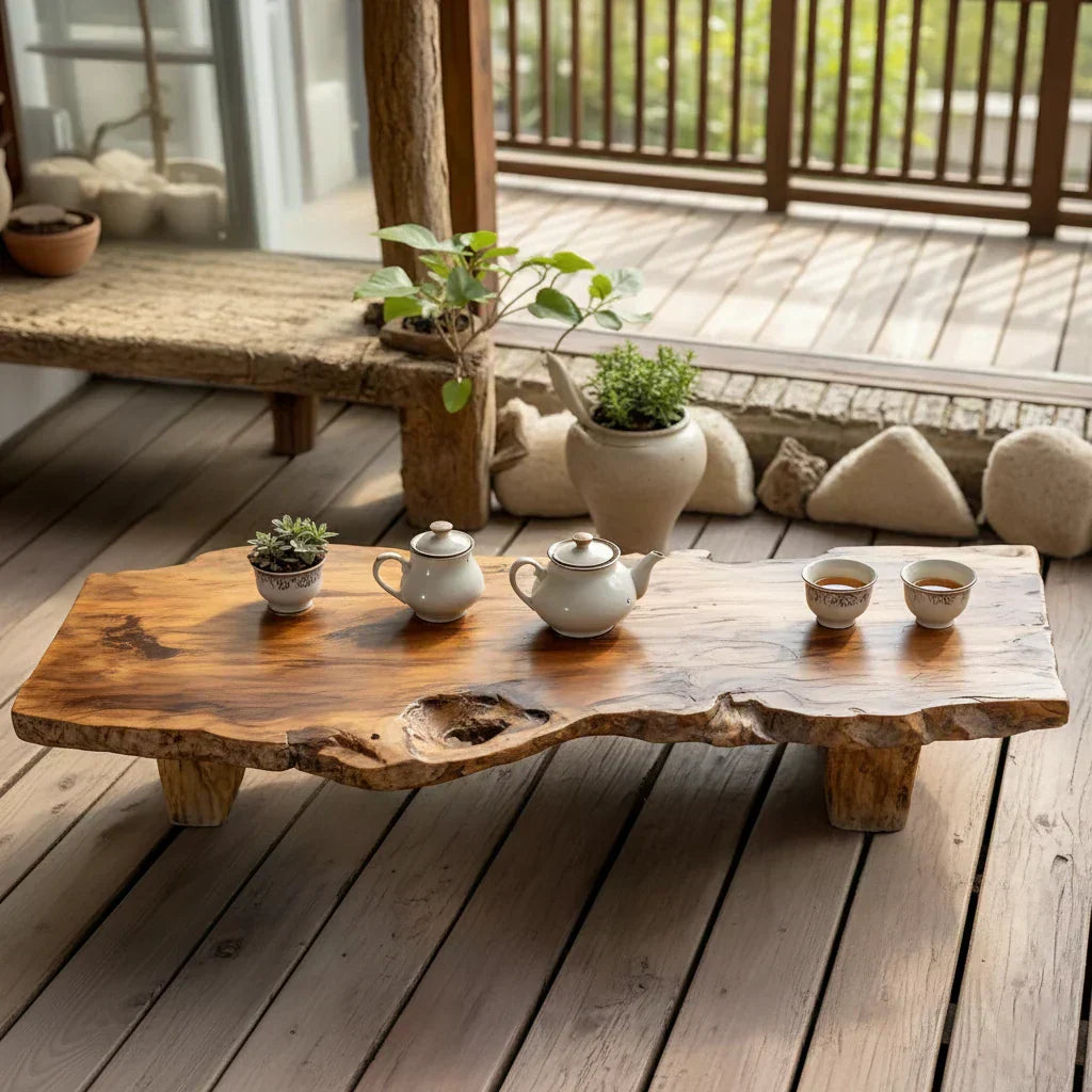 Handcrafted Solid Wood Tea Table with Live Edge and Rustic Block Base - view 3 of 7