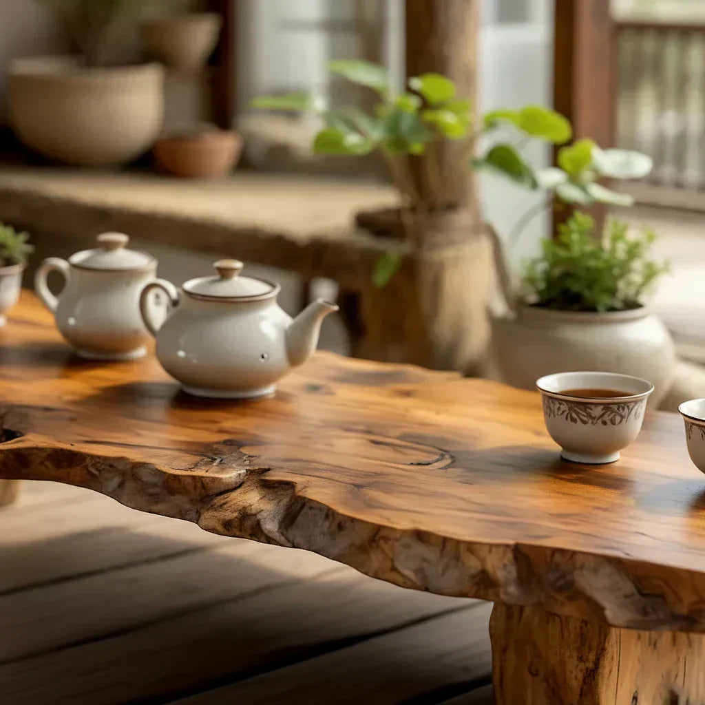 Handcrafted Solid Wood Tea Table with Live Edge and Rustic Block Base - view 5 of 7