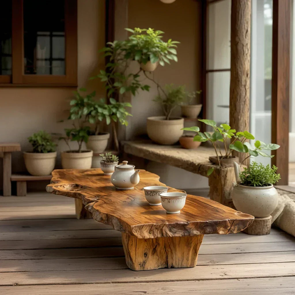 Handcrafted Solid Wood Tea Table with Live Edge and Rustic Block Base - view 2 of 7