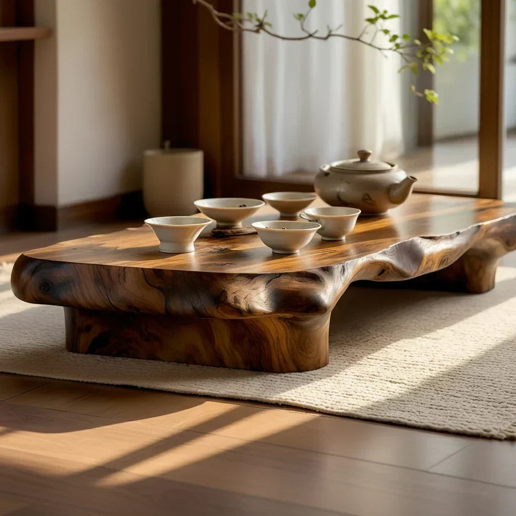 Organic Solid Wood Tea Table with Sculpted Base and Live Edge Form - view 4 of 7