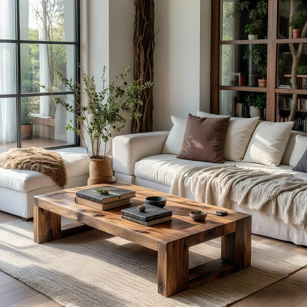 Solid Wood Block Coffee Table Rustic Minimalist Low Center Table - view 3 of 5