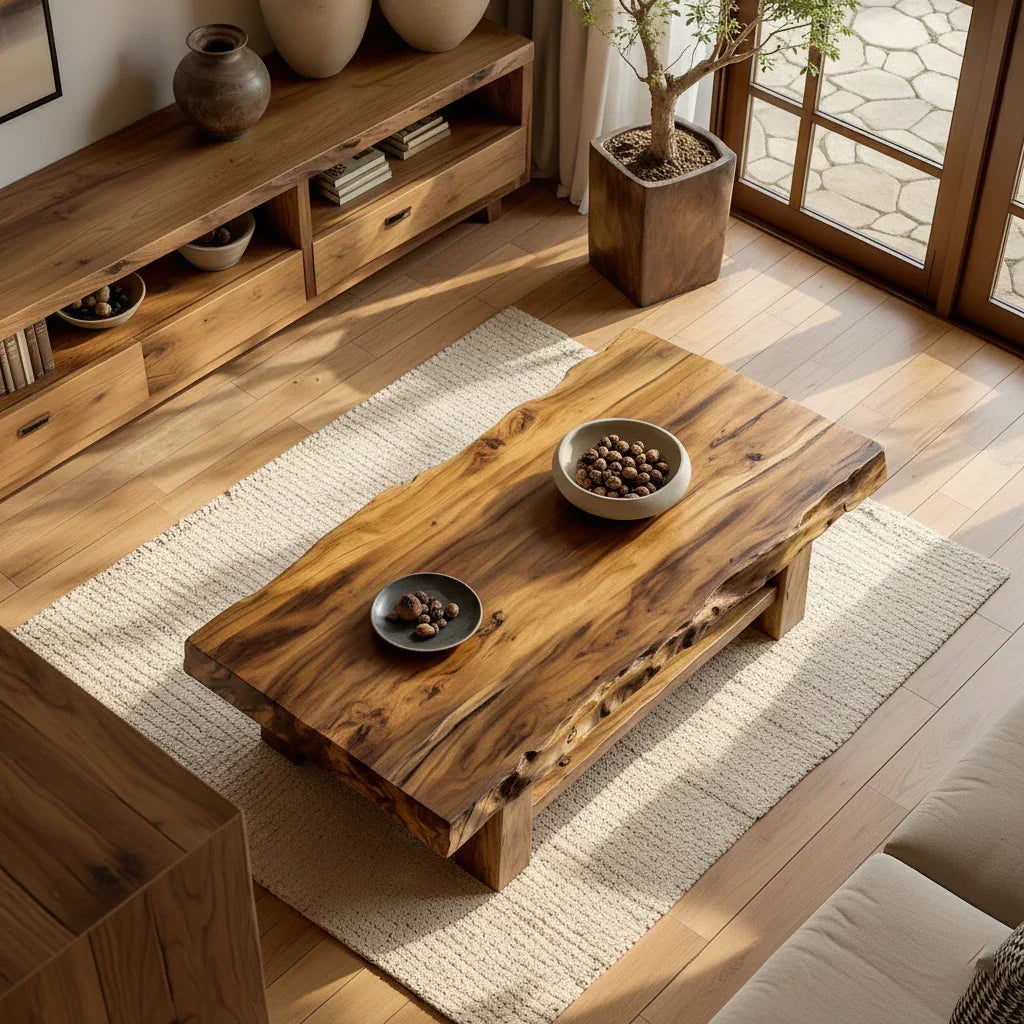 Solid Wood Coffee Table with Live Edge Top and Open Shelf Base - view 4 of 6