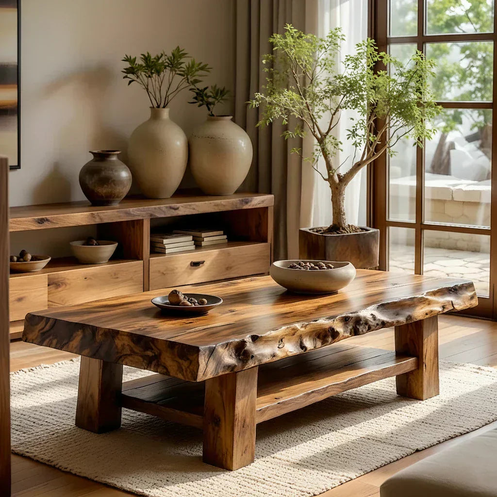 Solid Wood Coffee Table with Live Edge Top and Open Shelf Base - view 3 of 6