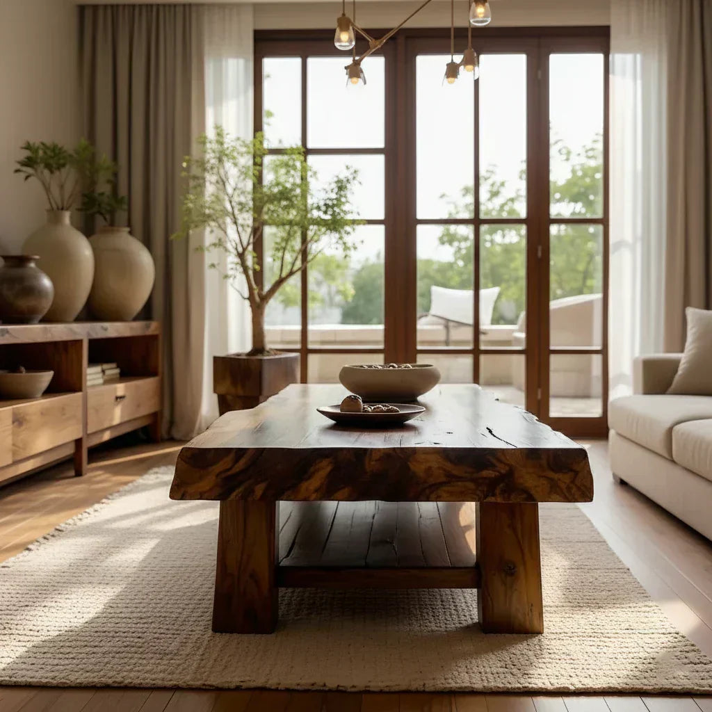 Solid Wood Coffee Table with Live Edge Top and Open Shelf Base - view 5 of 6