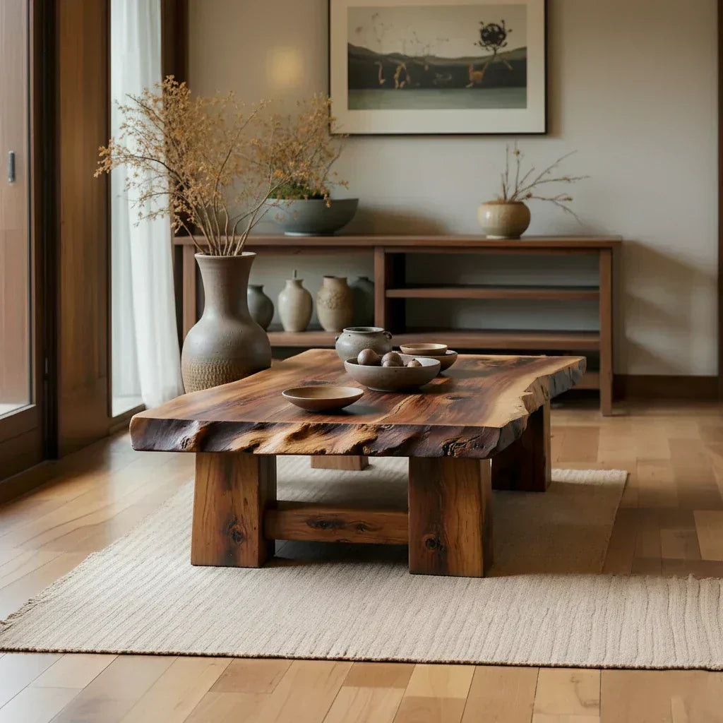 Rustic Solid Wood Coffee Table with Live Edge Top and Thick Block Legs - view 5 of 7