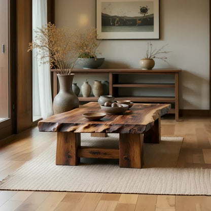 Rustic Solid Wood Coffee Table with Live Edge Top and Thick Block Legs - view 5 of 7