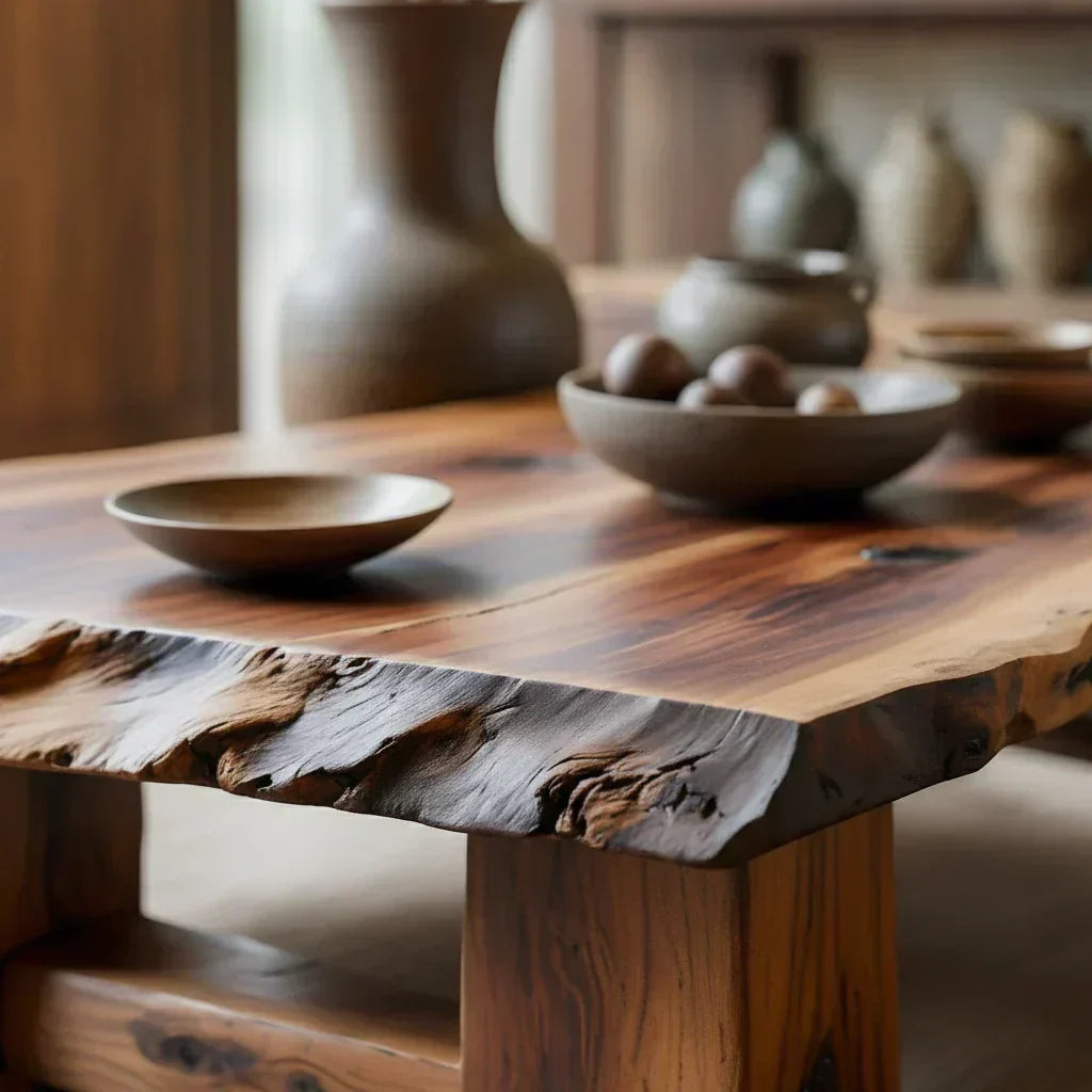 Rustic Solid Wood Coffee Table with Live Edge Top and Thick Block Legs - view 6 of 7