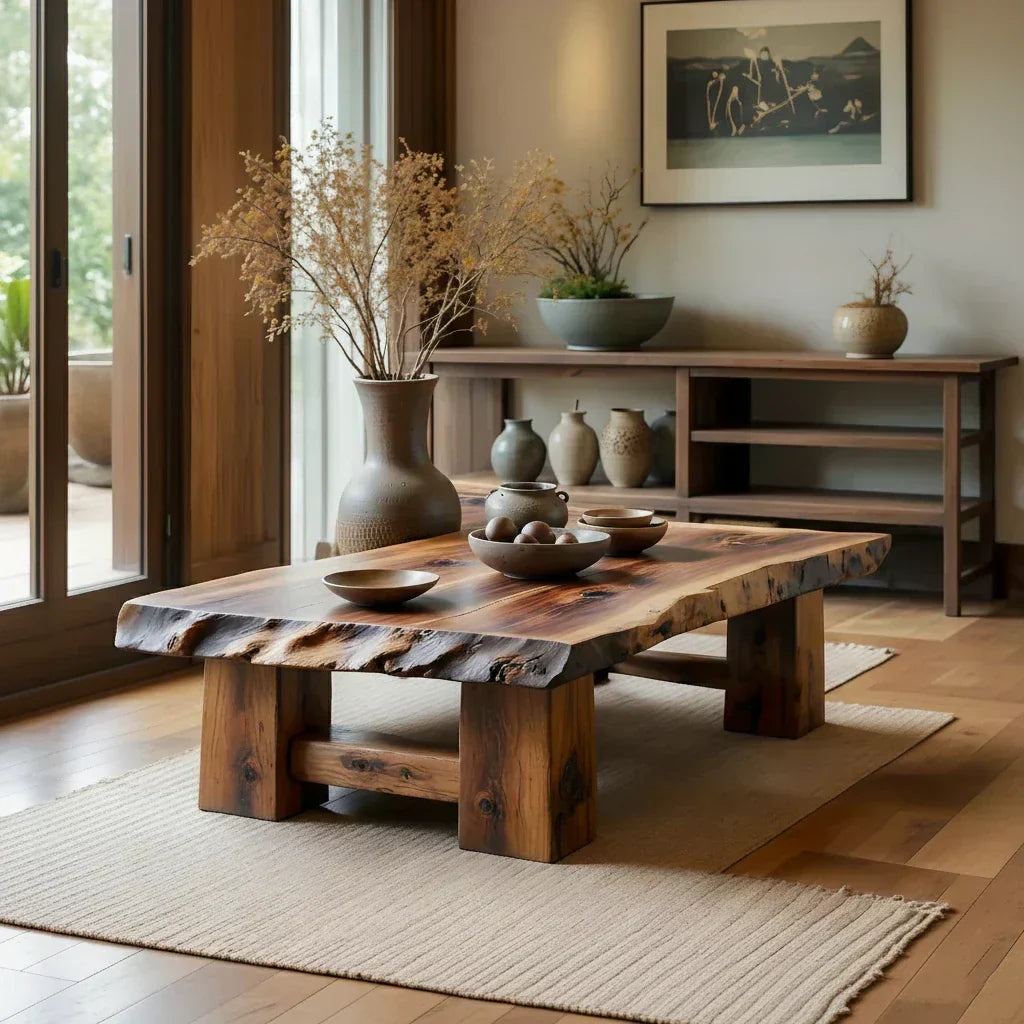 Rustic Solid Wood Coffee Table with Live Edge Top and Thick Block Legs - view 4 of 7