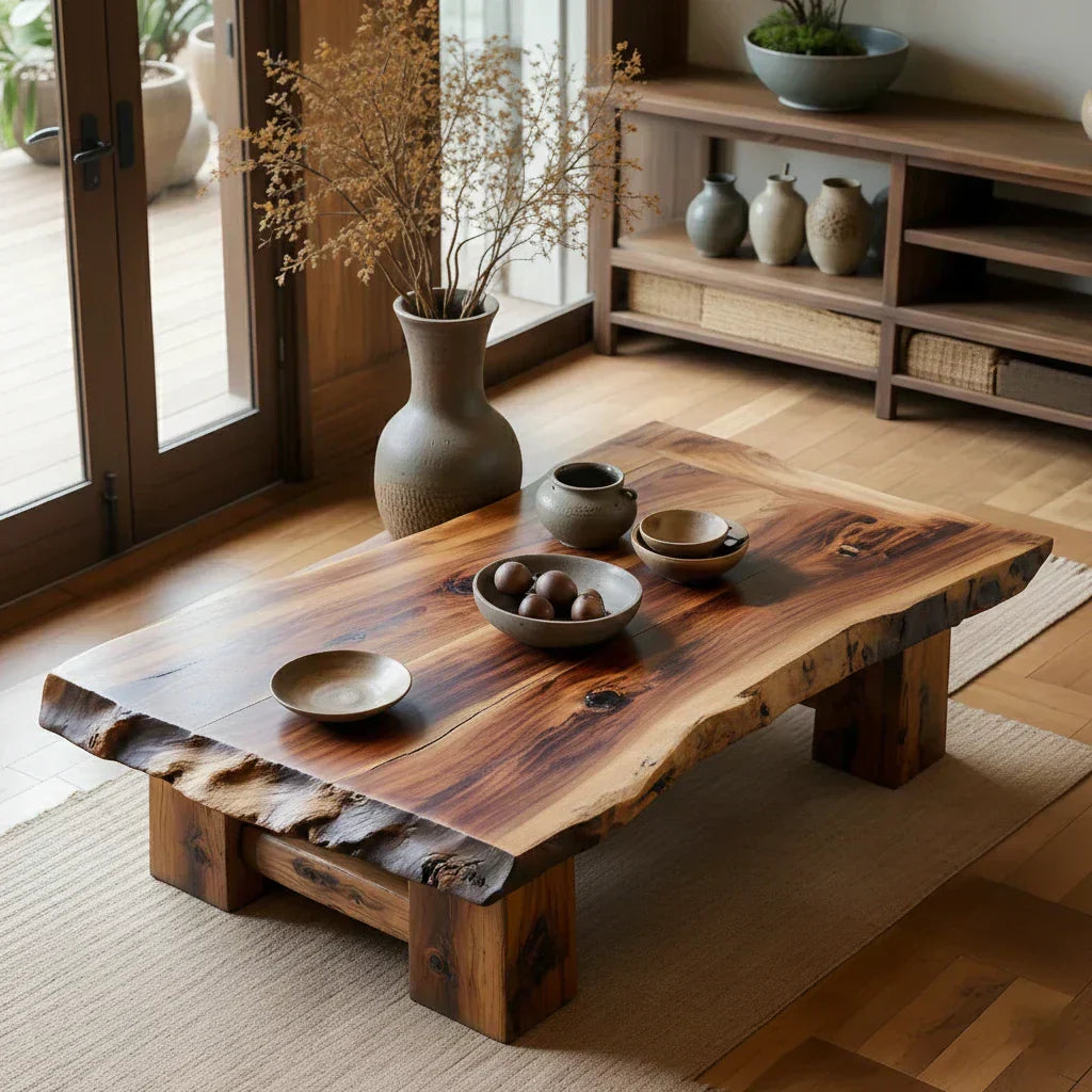 Rustic Solid Wood Coffee Table with Live Edge Top and Thick Block Legs - view 3 of 7