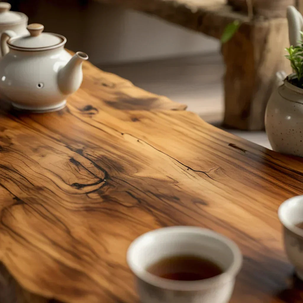 Handcrafted Solid Wood Tea Table with Live Edge and Rustic Block Base - view 6 of 7