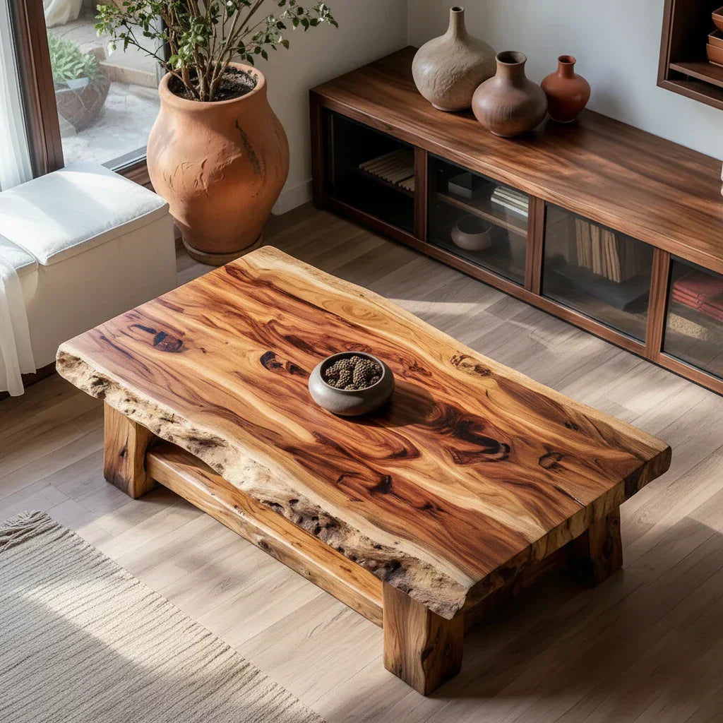 Live Edge Solid Wood Coffee Table with Lower Shelf and Rustic Frame - view 4 of 6