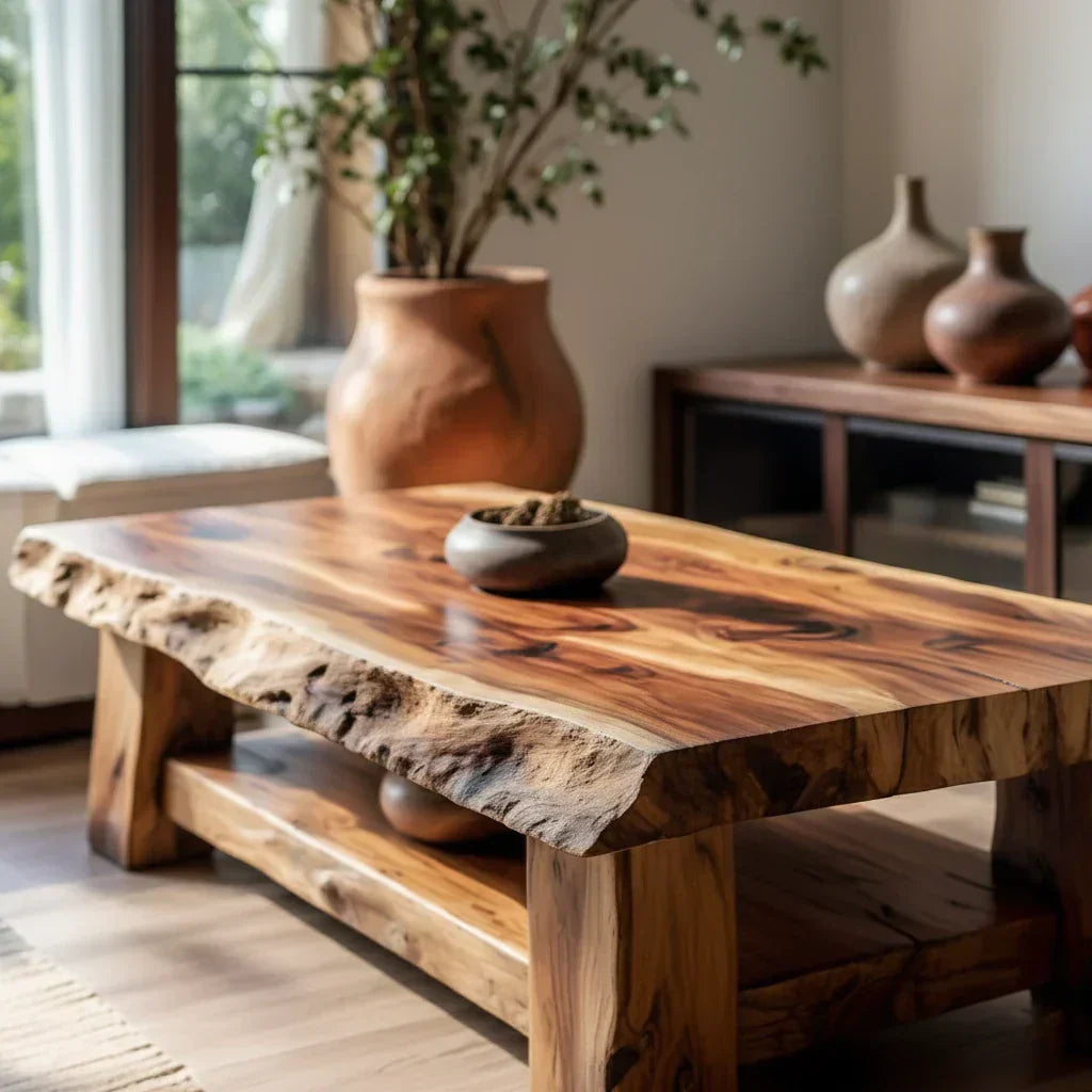 Live Edge Solid Wood Coffee Table with Lower Shelf and Rustic Frame - view 3 of 6