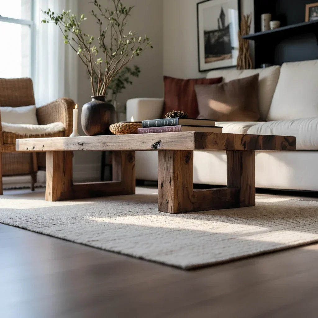 Handcrafted Solid Wood Coffee Table Rustic Low Block Center Table - view 4 of 6