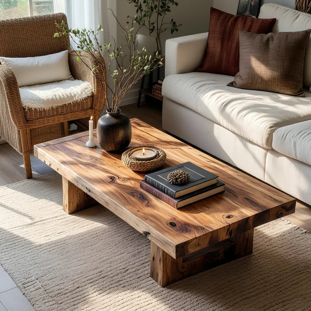 Handcrafted Solid Wood Coffee Table Rustic Low Block Center Table - view 3 of 6