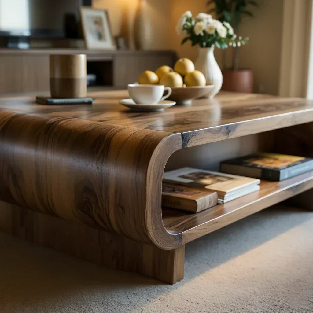 Curved Solid Wood Coffee Table with Open Shelf Storage - view 4 of 5