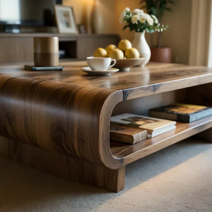 Curved Solid Wood Coffee Table with Open Shelf Storage - view 4 of 5