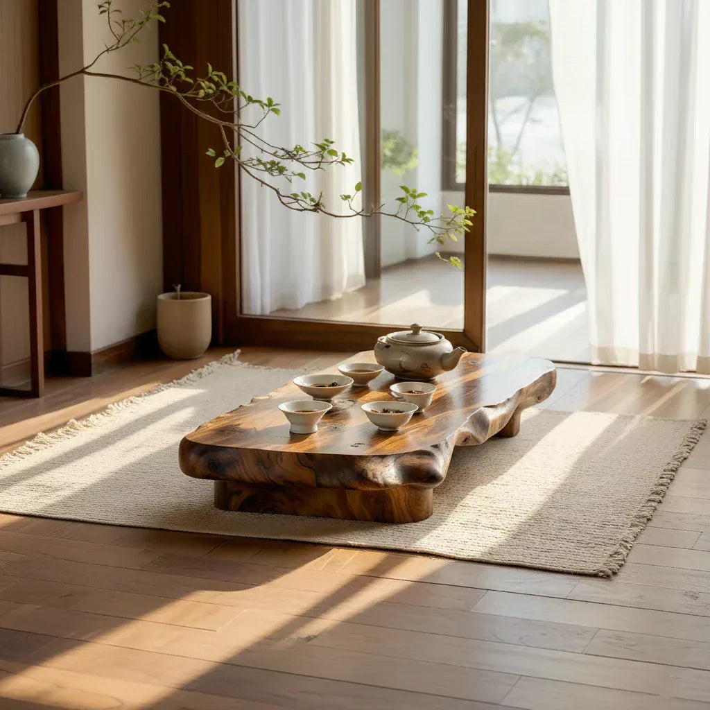 Organic Solid Wood Tea Table with Sculpted Base and Live Edge Form - view 3 of 7