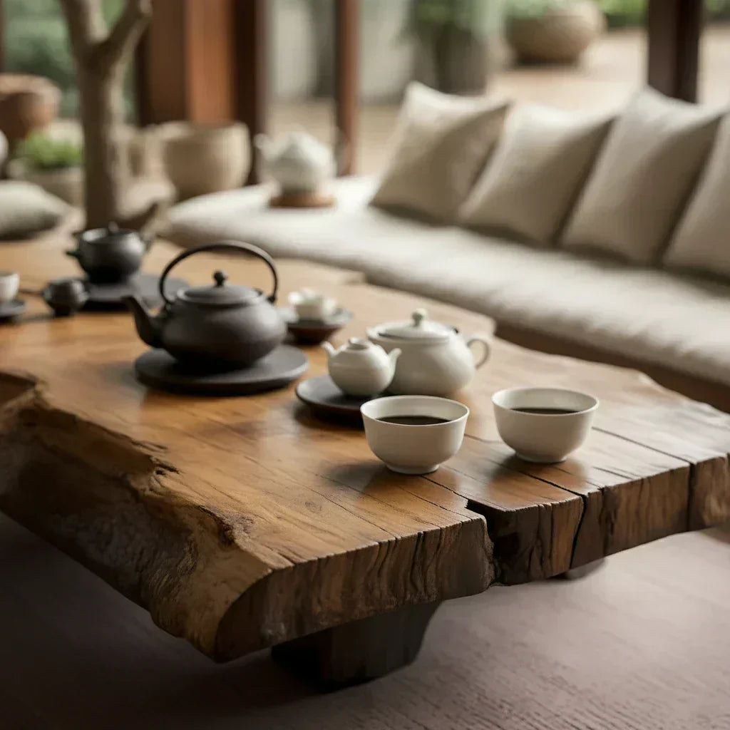 Japanese Style Solid Wood Tea Table with Live Edge Slab Top - view 4 of 5