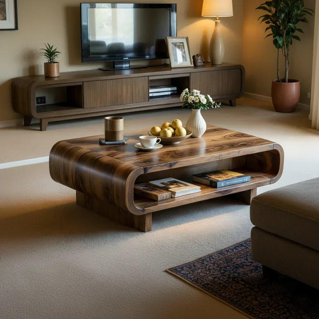 Curved Solid Wood Coffee Table with Open Shelf Storage - view 3 of 5