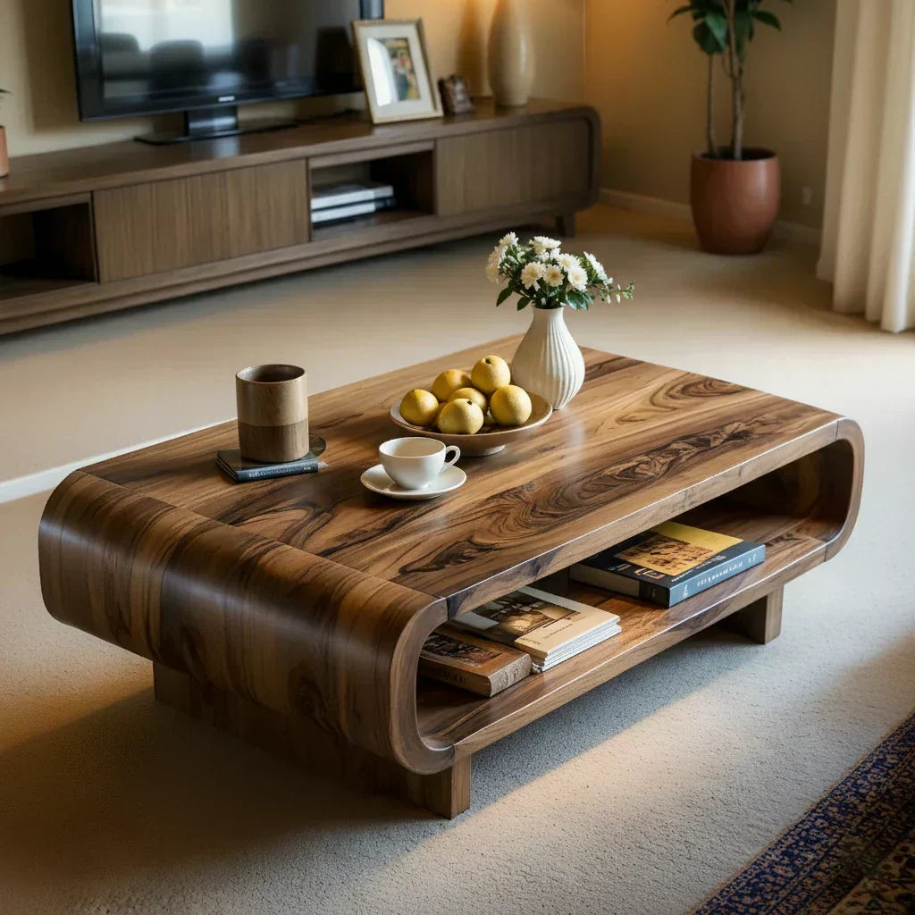 Curved Solid Wood Coffee Table with Open Shelf Storage - view 2 of 5