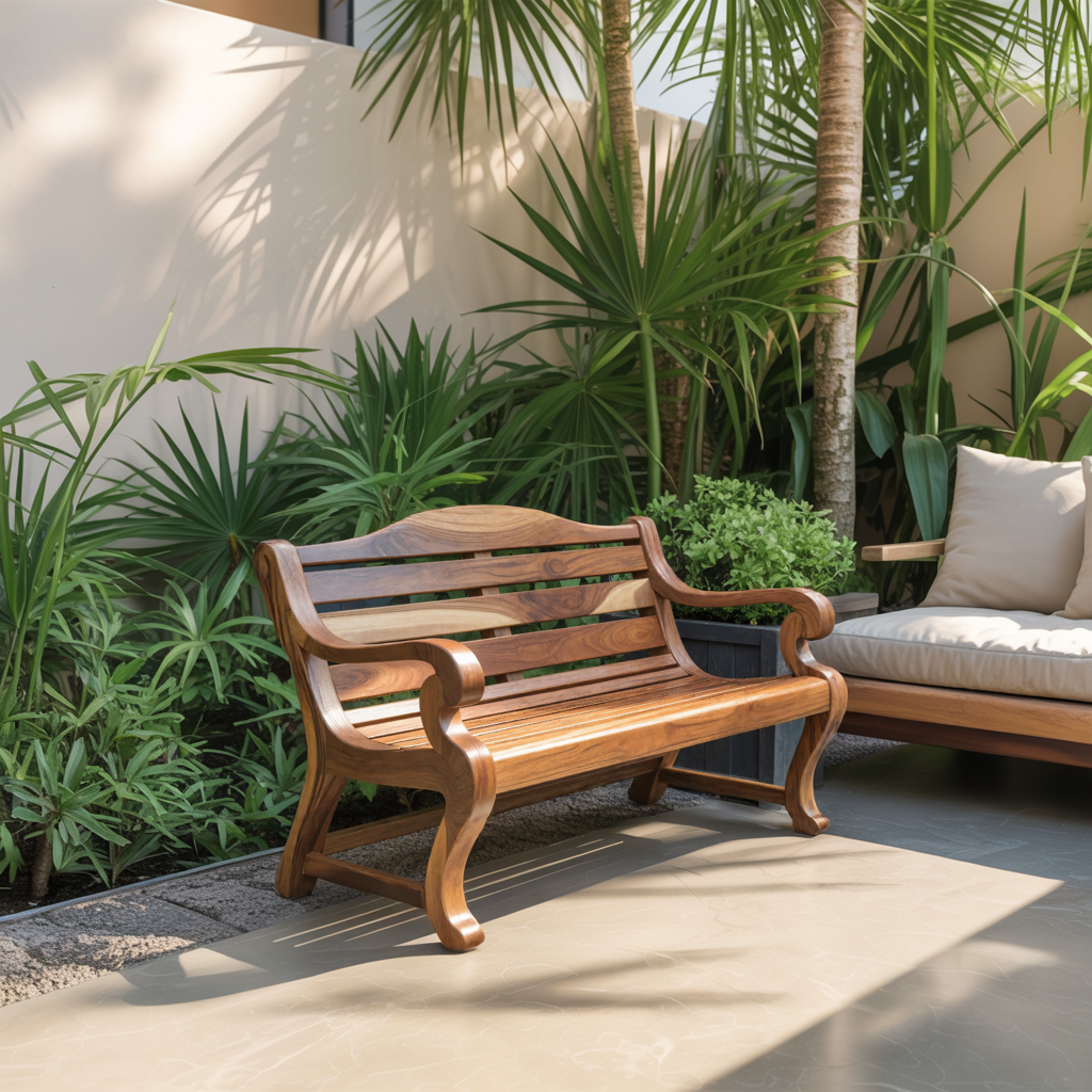 Classic Curved Wood Garden Bench With Sculpted Arms For Patio Or Entryway - view 1 of 8