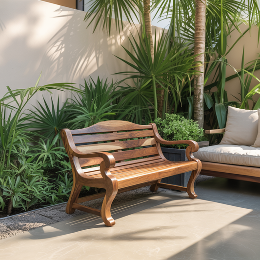 Classic Curved Wood Garden Bench With Sculpted Arms For Patio Or Entryway - view 1 of 8