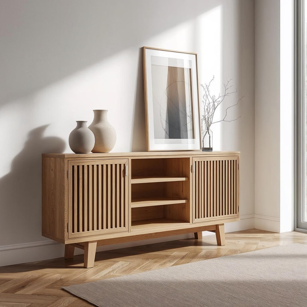 Modern Oak Console Cabinet with Vertical Slatted Doors – Stylish Storage for Living Room - view 1 of 7